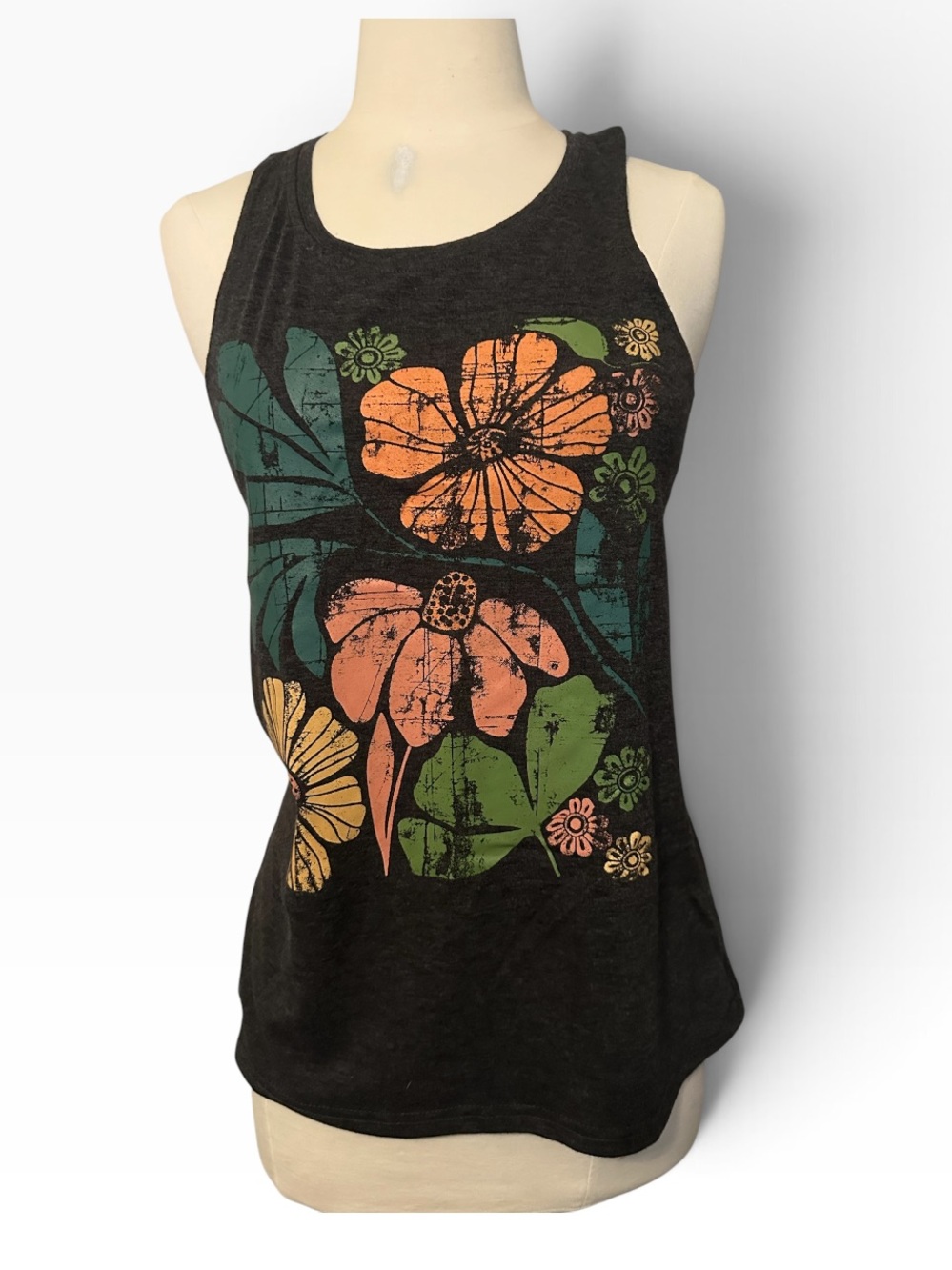 Floral Graphic Black Tank Top with Multicolor Print